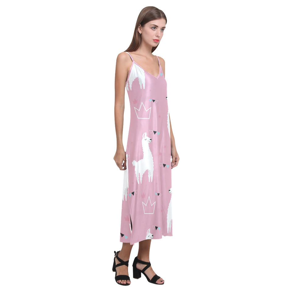 Llama Alpaca pink background V-Neck Open Fork Long Dress