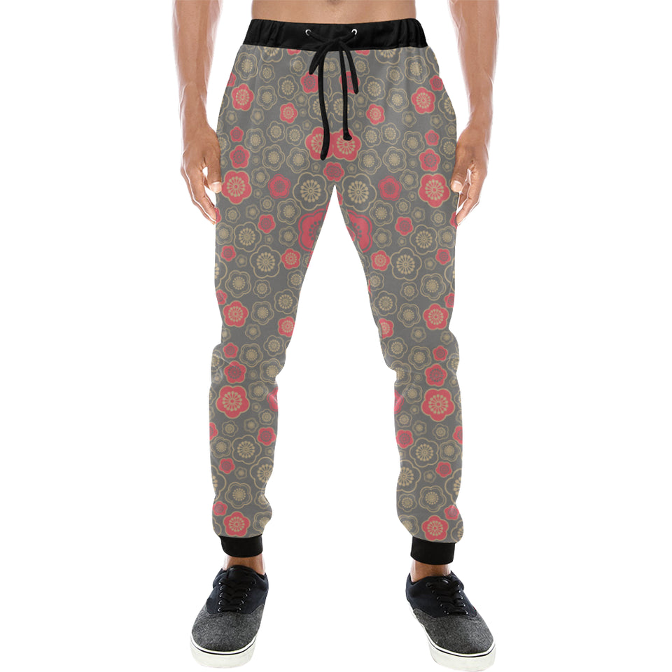 Red gold Sakura cherry blossom gray background Unisex Casual Sweatpants