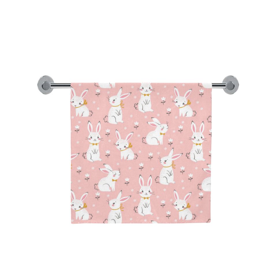 Cute white rabbit flower pink background Bath Towel
