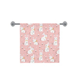 Cute white rabbit flower pink background Bath Towel