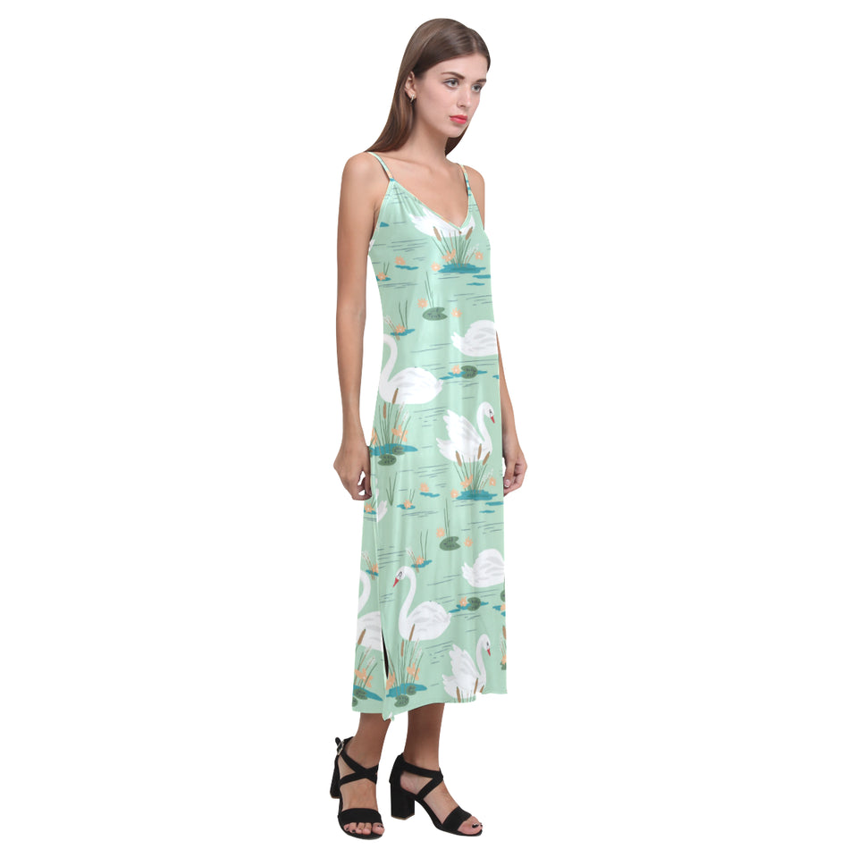 White swan lake pattern V-Neck Open Fork Long Dress