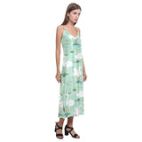 White swan lake pattern V-Neck Open Fork Long Dress