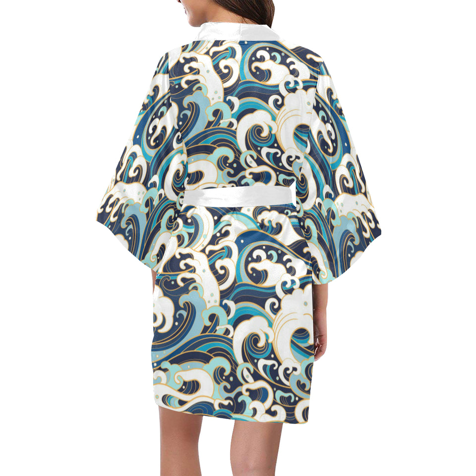 Japanese wave pattern Women's Short Kimono Robe