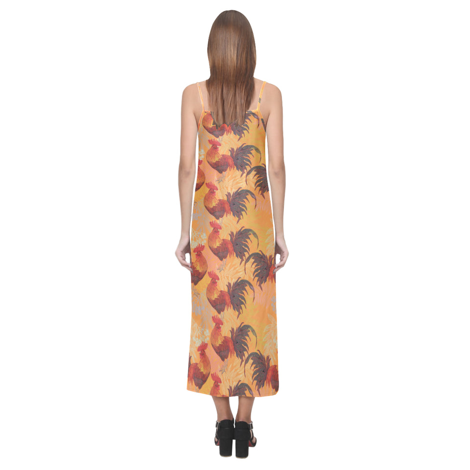 red rooster chicken cock pattern V-Neck Open Fork Long Dress