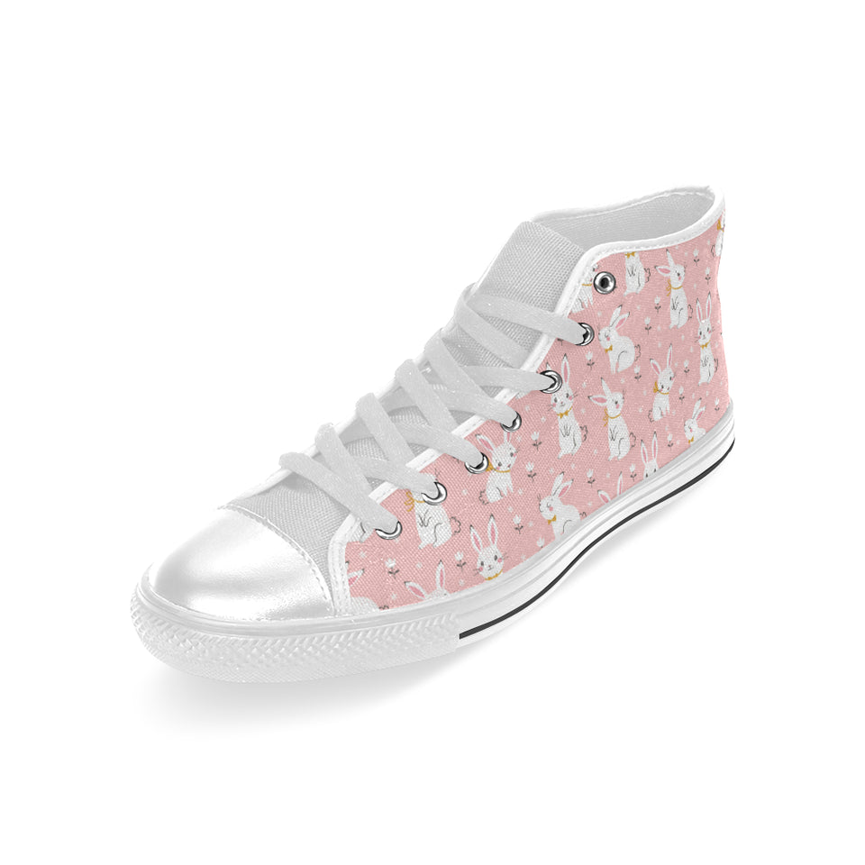 Cute white rabbit flower pink background Men's High Top Canvas Shoes White