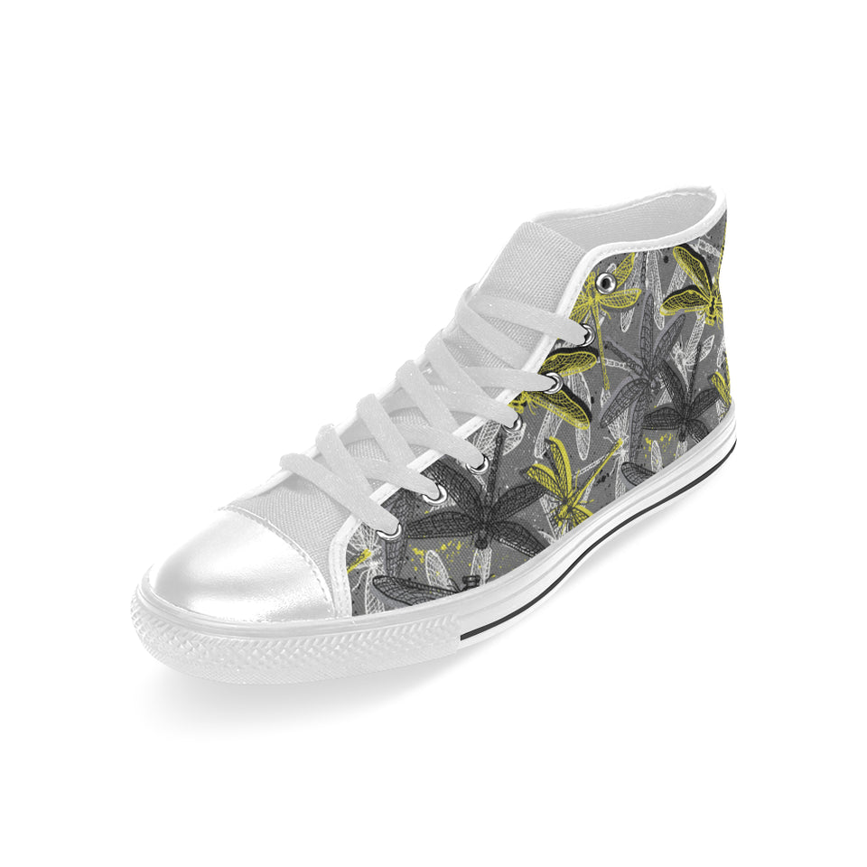 Hand drawn dragonfly pattern Men's High Top Canvas Shoes White