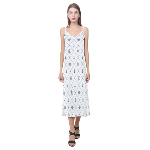 Anchor rudder nautical design pattern V-Neck Open Fork Long Dress