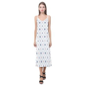 Anchor rudder nautical design pattern V-Neck Open Fork Long Dress