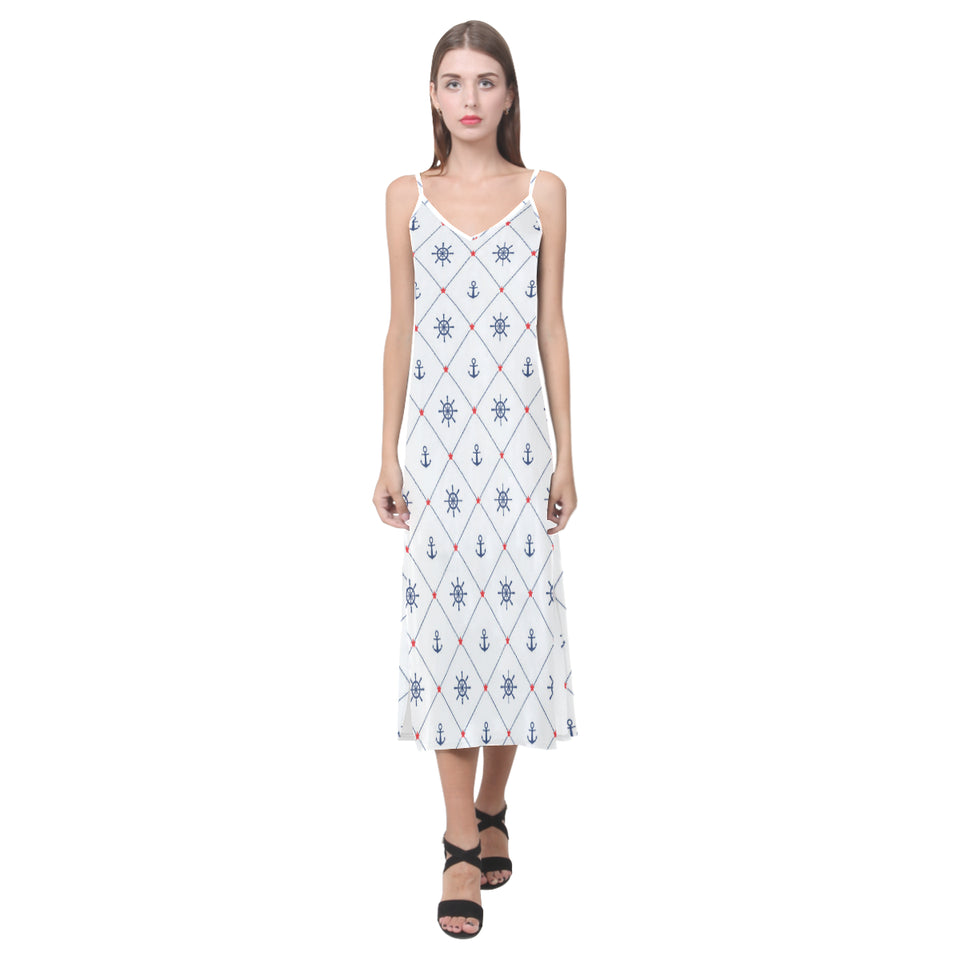 Anchor rudder nautical design pattern V-Neck Open Fork Long Dress