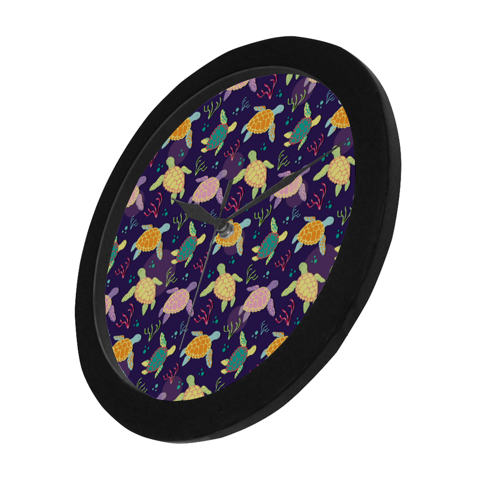 Colorful sea turtle pattern Elegant Black Wall Clock