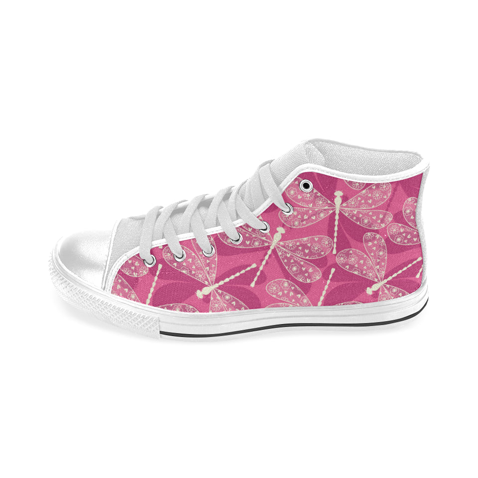Beautiful dragonfly pink background Men's High Top Canvas Shoes White