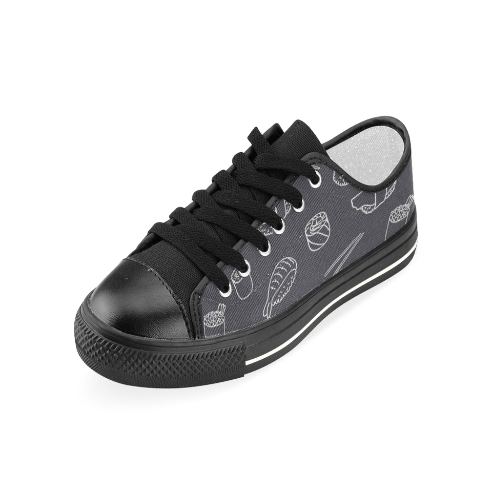 sushi pattern black background Women's Low Top Canvas Shoes Black