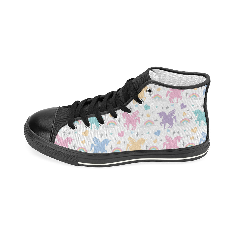 colorful unicorn rainbow heart pattern Women's High Top Canvas Shoes Black