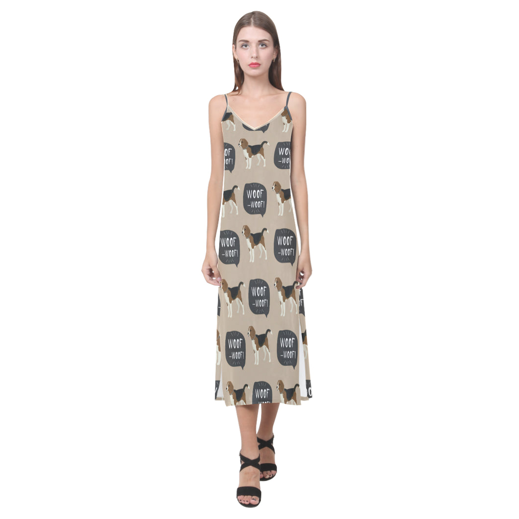 Beagle pattern V-Neck Open Fork Long Dress