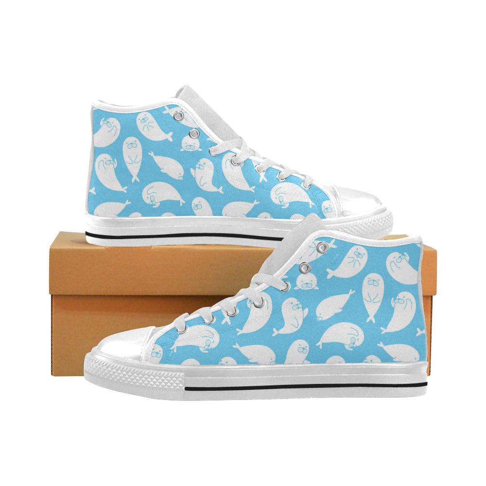 Cute white sea lion seals pattern Men's High Top Canvas Shoes White