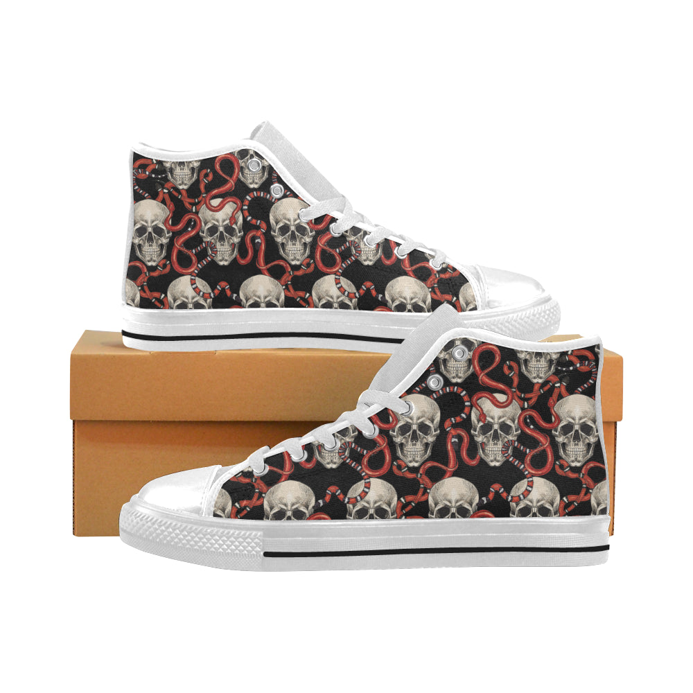 Red snake skull pattern Men's High Top Canvas Shoes White