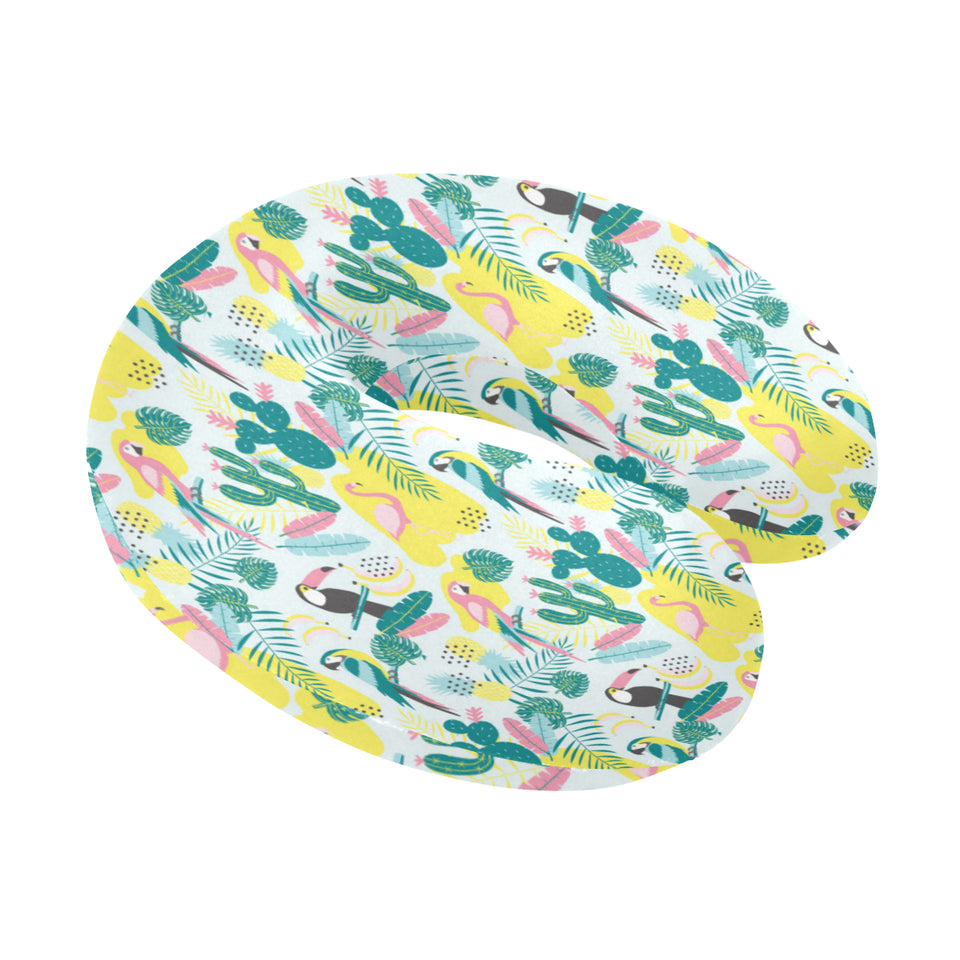 Cute parrot toucan flamingo cactus exotic leaves p U-Shaped Travel Neck Pillow