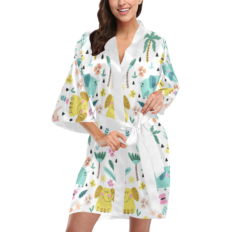 Cute elephants palm tree flower butterfly pattern Women's Short Kimono Robe