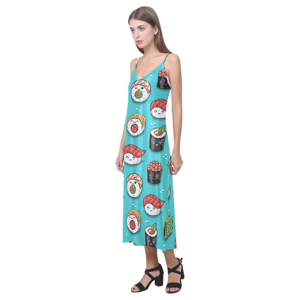 Cute sushi pattern V-Neck Open Fork Long Dress