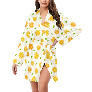 oranges leaves pattern Women's Long Sleeve Belted Night Robe