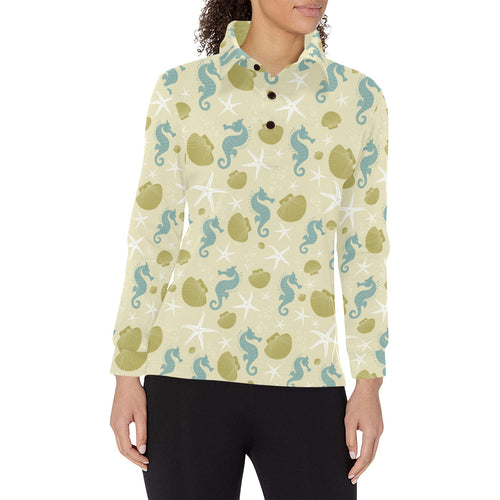 Seahorse shell starfish pattern background Women's Long Sleeve Polo Shirt