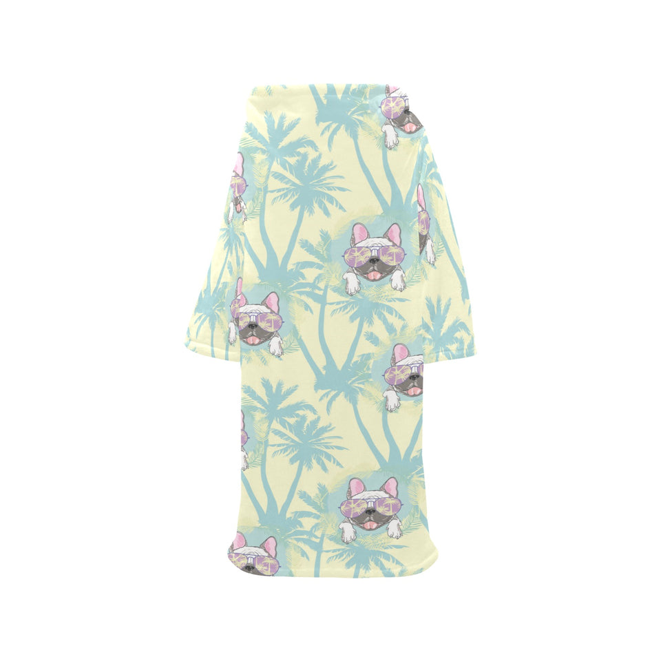 French bulldog hawaii blackground Blanket Robe with Sleeves