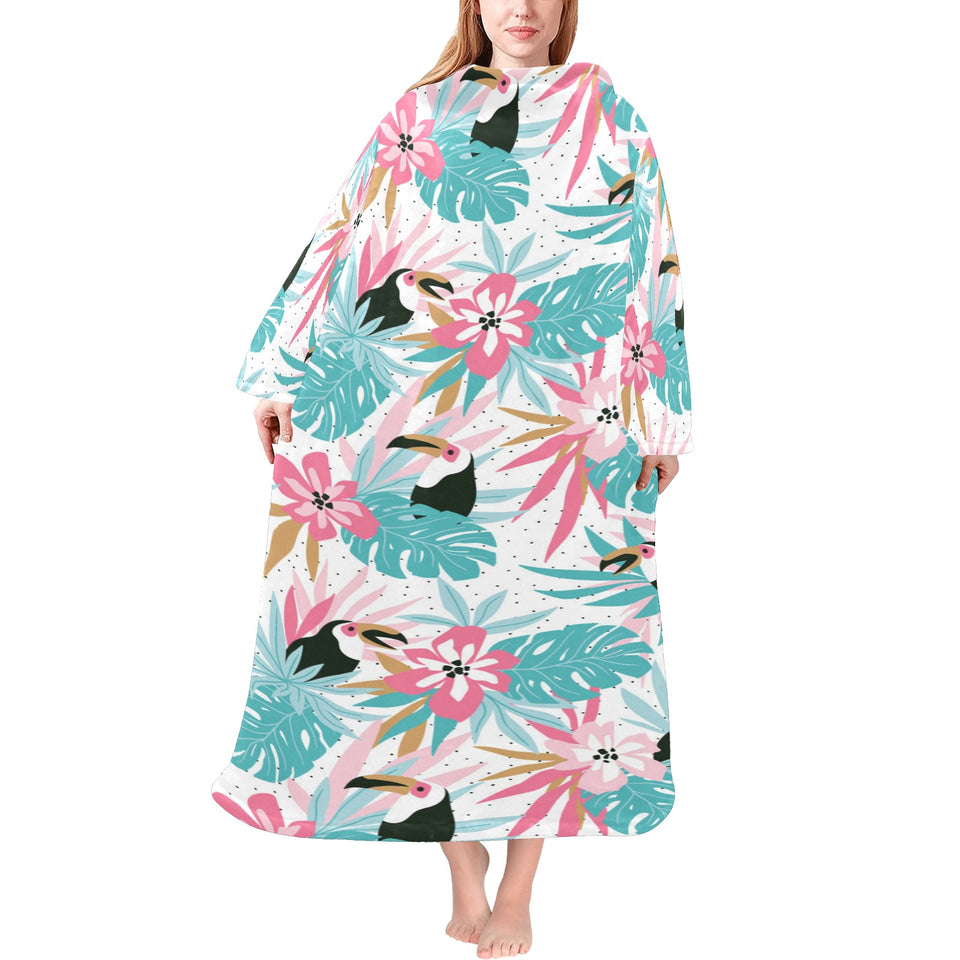 Toucan tropical flower leave pattern Blanket Robe with Sleeves
