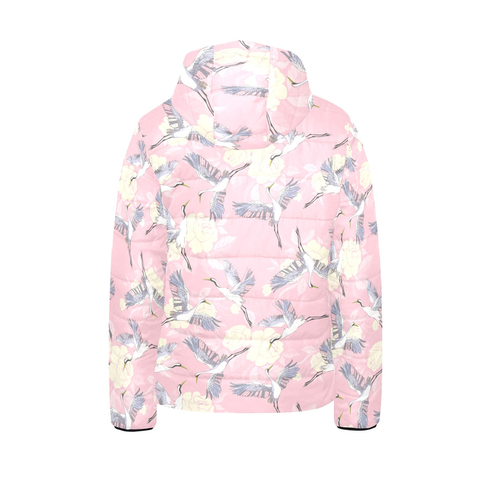 Japanese crane rose pattern Kids' Boys' Girls' Padded Hooded Jacket