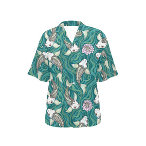 Koi Fish Carp Fish lotus pattern Women's All Over Print Hawaiian Shirt