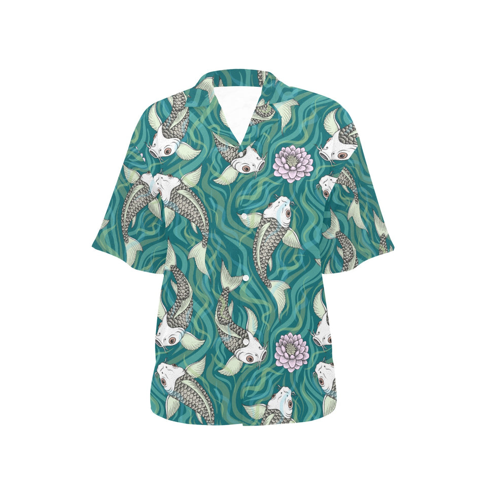 Koi Fish Carp Fish lotus pattern Women's All Over Print Hawaiian Shirt