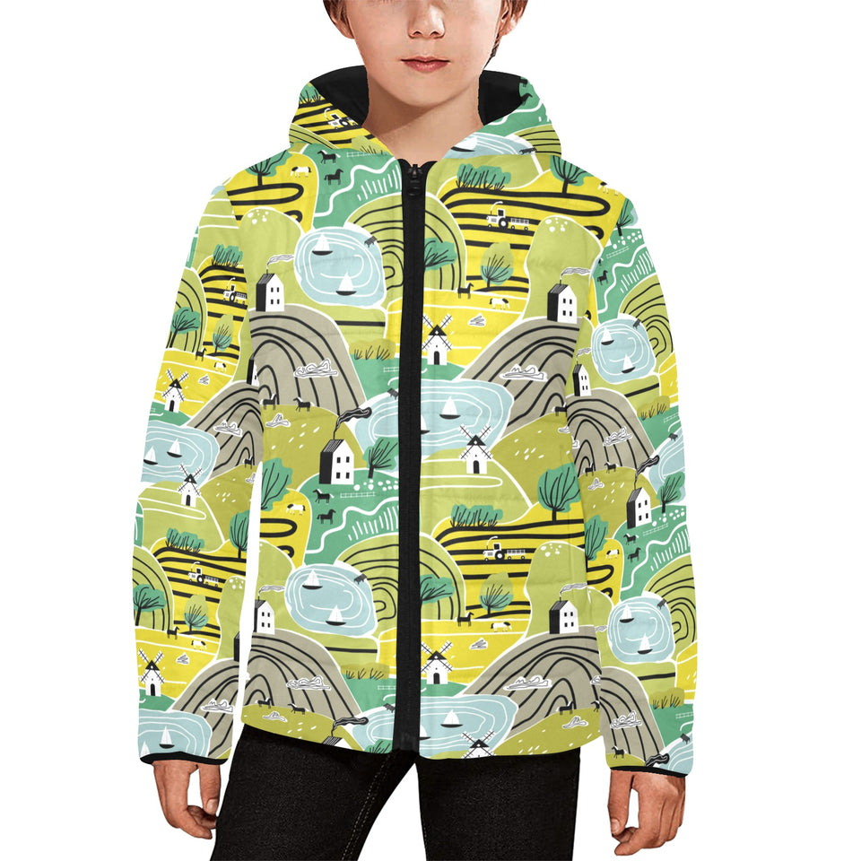 Hand drawn windmill pattern Kids' Boys' Girls' Padded Hooded Jacket