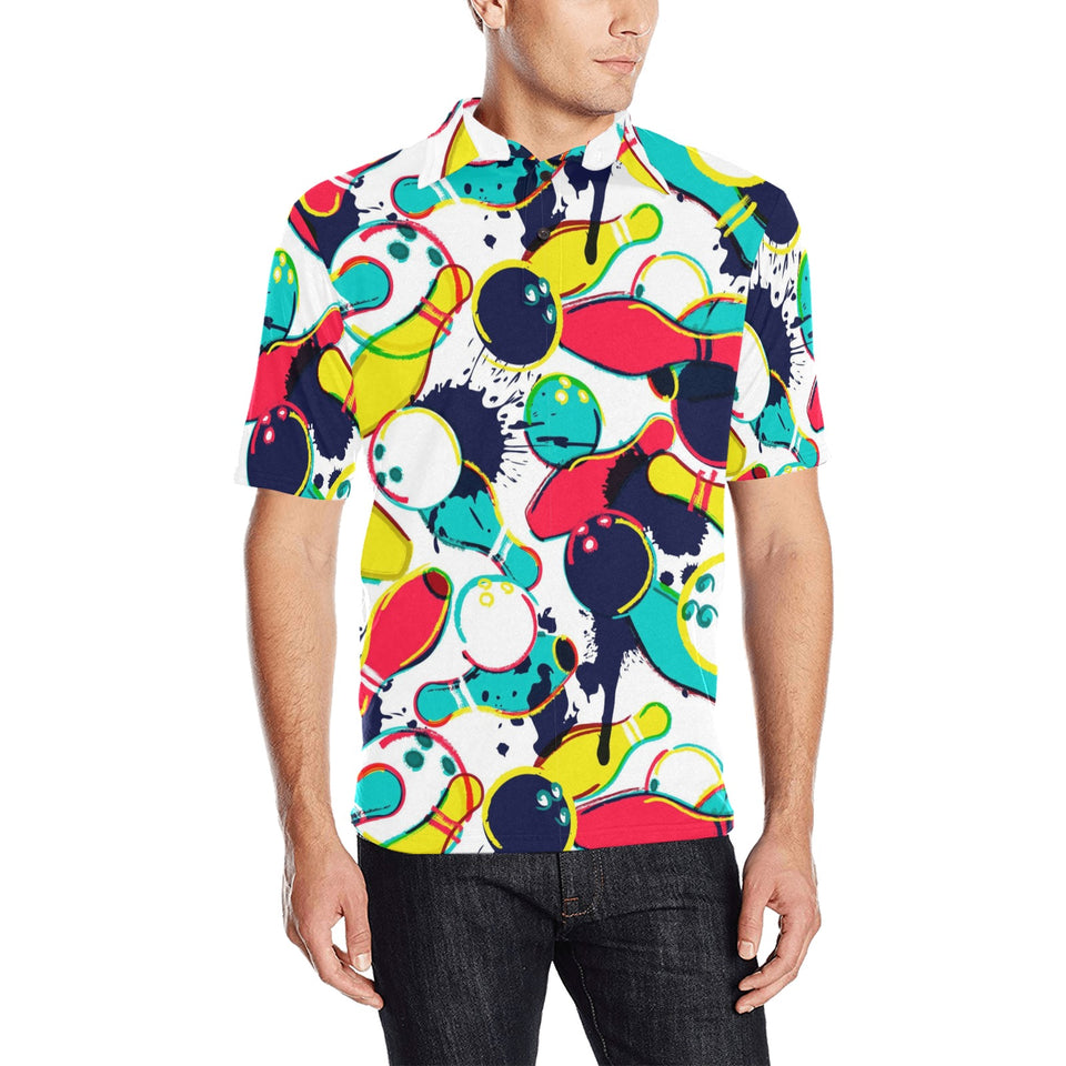 watercolor bowling ball pins Men's All Over Print Polo Shirt
