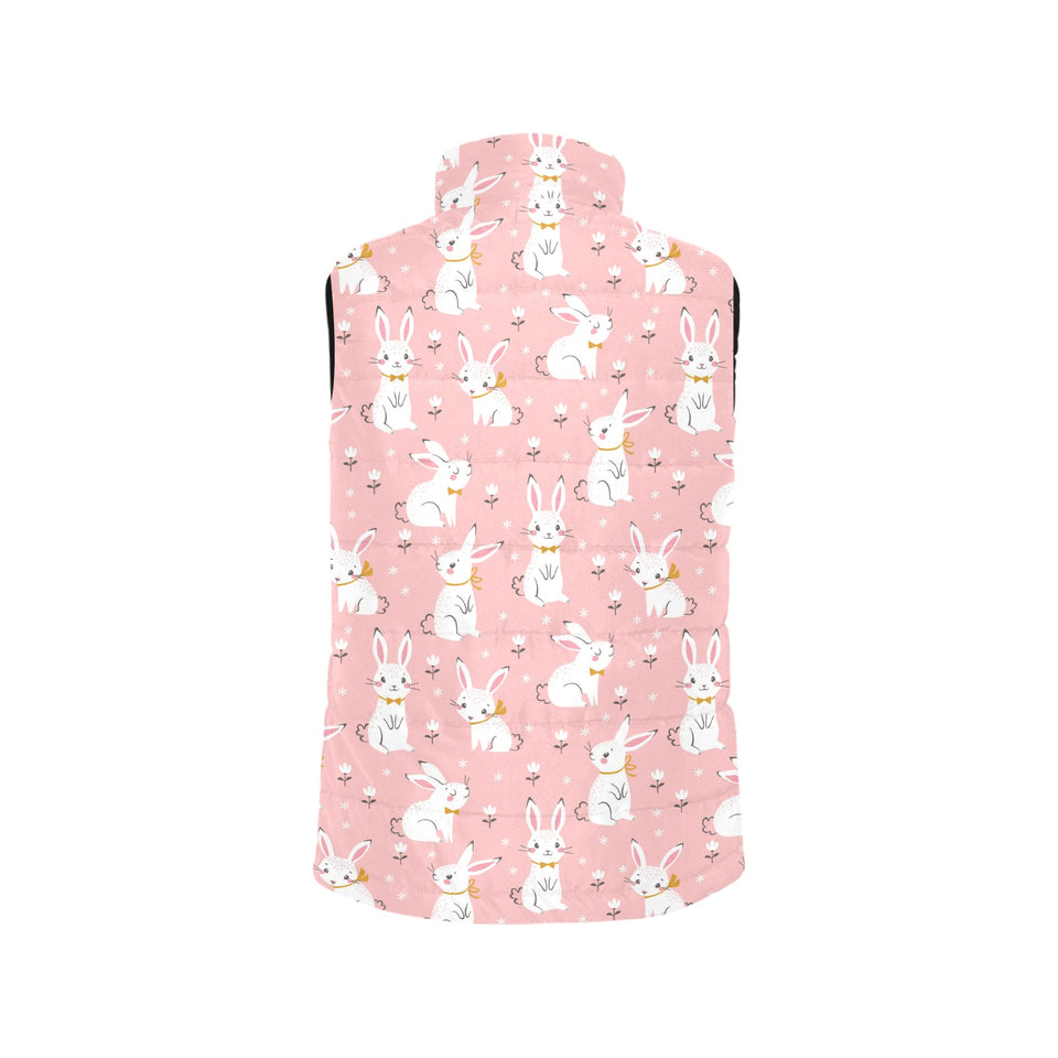 Cute white rabbit flower pink background Women's Padded Vest