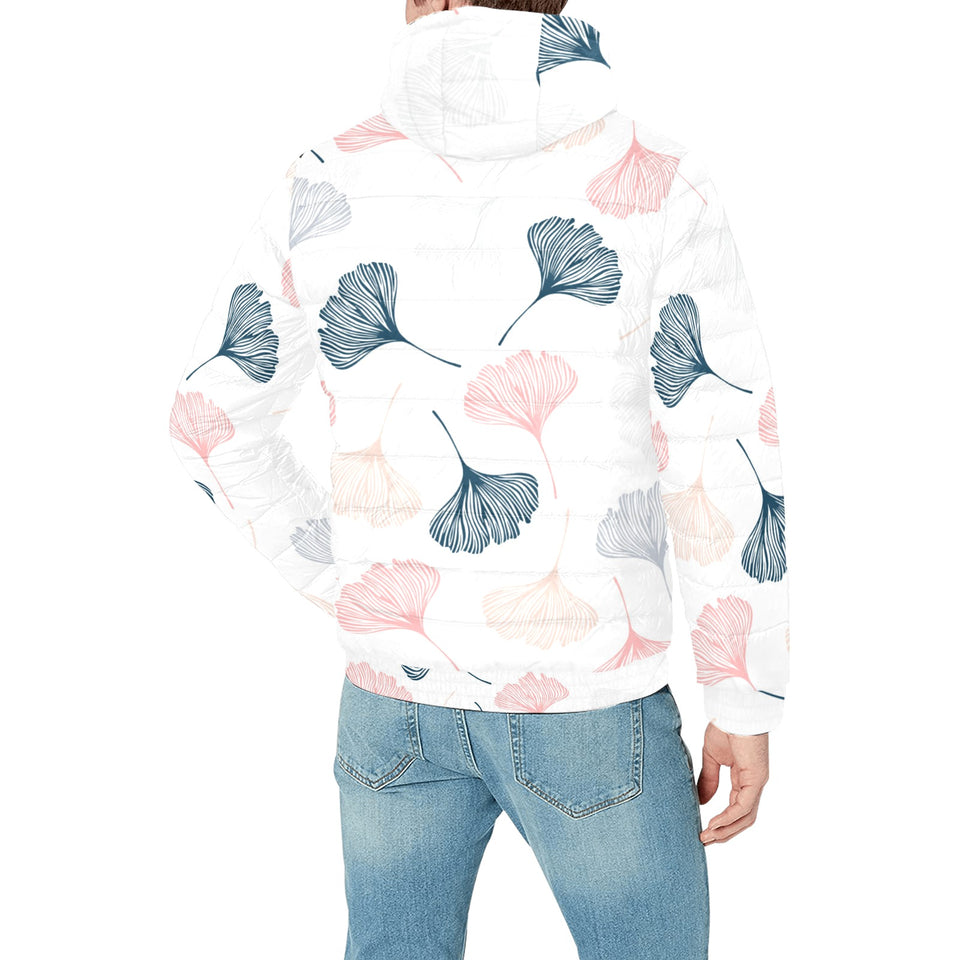 Black Gray Cream coral ginkgo leaves pattern Men's Padded Hooded Jacket