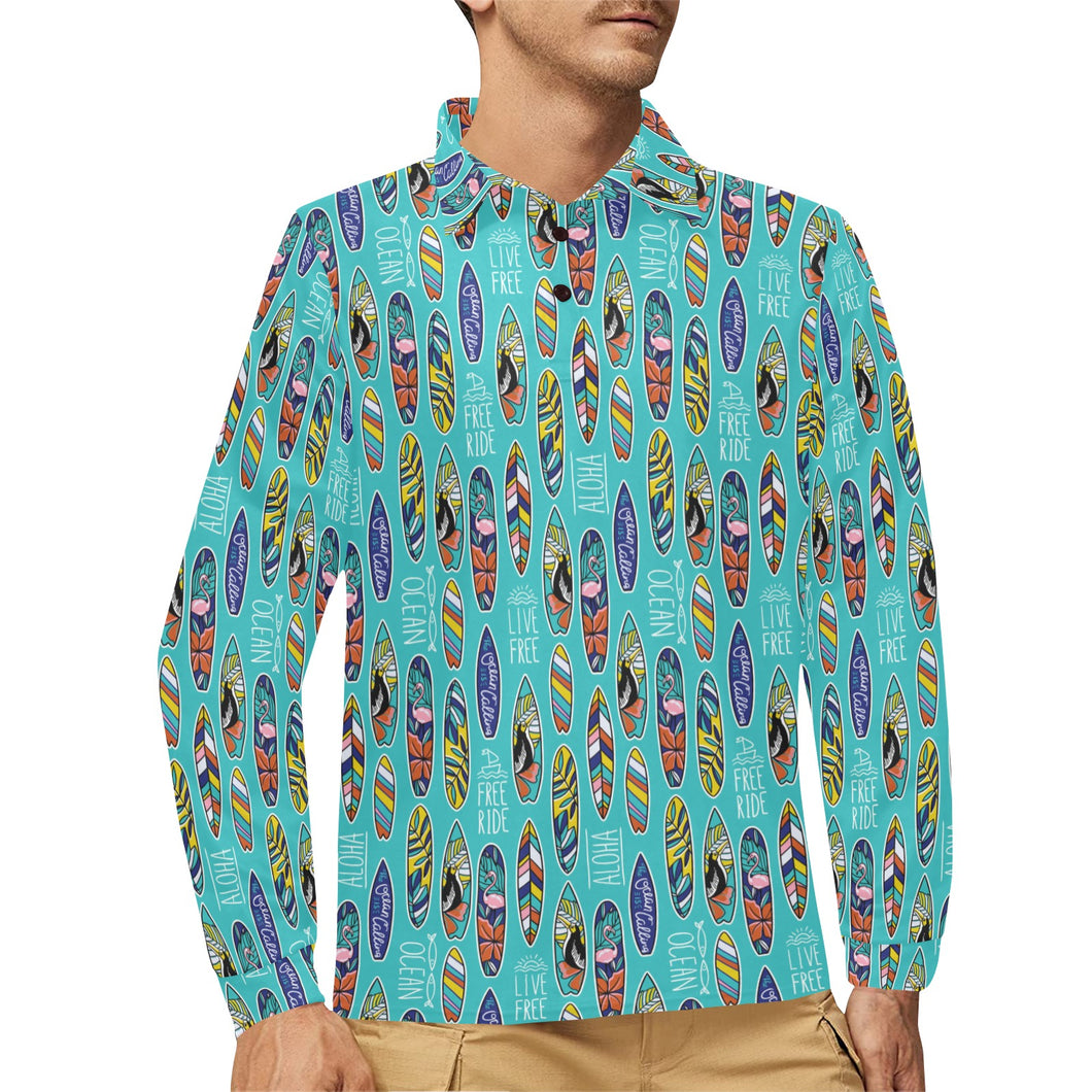 Surfboard Pattern Print Design 05 Men's Long Sleeve Polo Shirt
