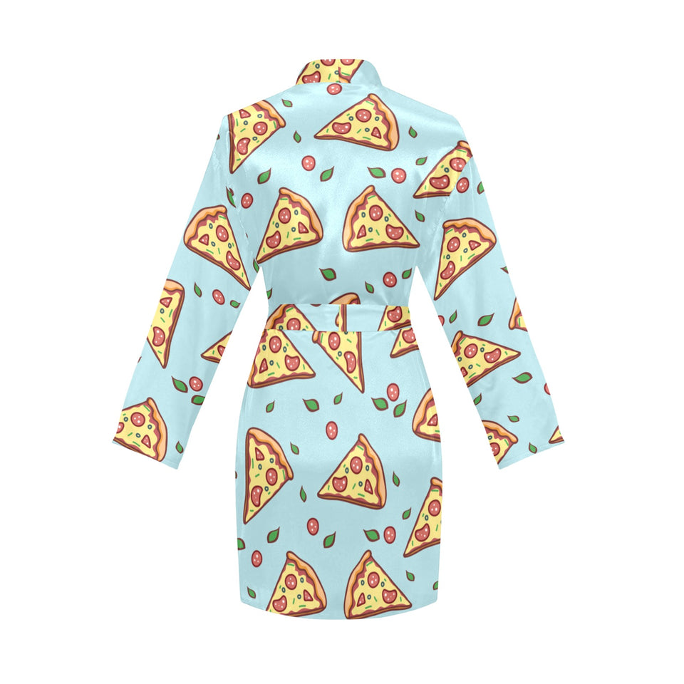 Hand drawn pizza blue background Women's Long Sleeve Belted Night Robe