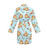 Hand drawn pizza blue background Women's Long Sleeve Belted Night Robe