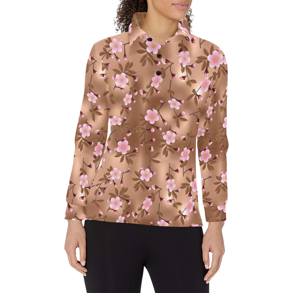 Pink sakura cherry blossom drak brown background Women's Long Sleeve Polo Shirt