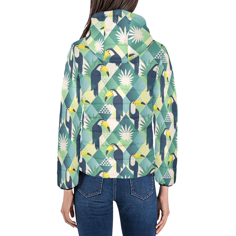 Toucan tropical leaves design pattern Women's Padded Hooded Jacket