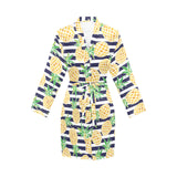 Pineapples pattern striped background Women's Long Sleeve Belted Night Robe