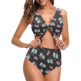 Camera Pattern Print Design 04 Chest Bowknot High Waisted Bikini Swimsuit