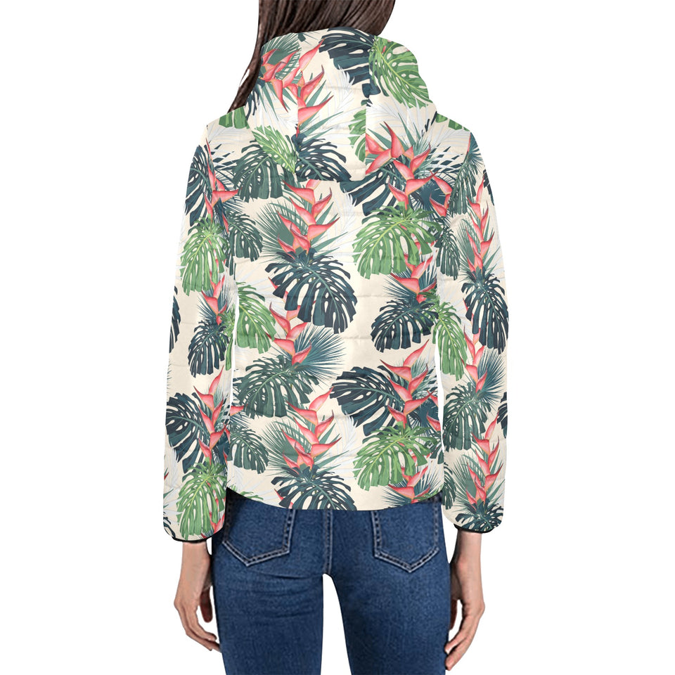 heliconia flowers, palm and monstera leaves Women's Padded Hooded Jacket