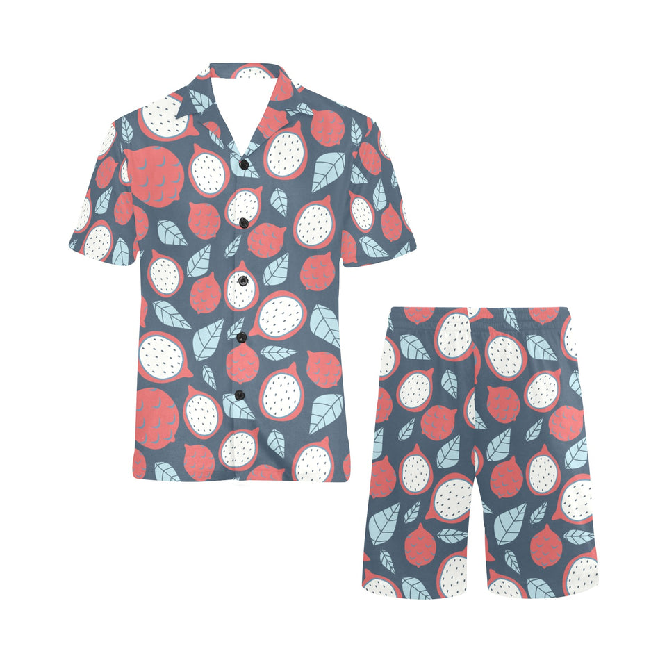 dragon fruits dark blue background Men's V-Neck Short Pajama Set