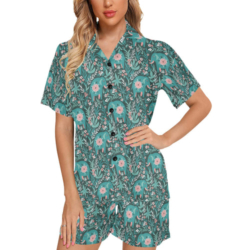 Elephants jungle pattern Women's V-Neck Short Pajama Set