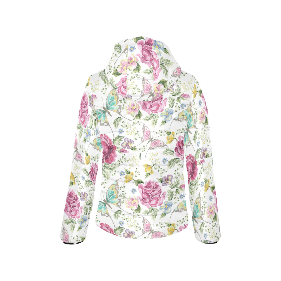 Hand drawn butterfly rose Women's Padded Hooded Jacket