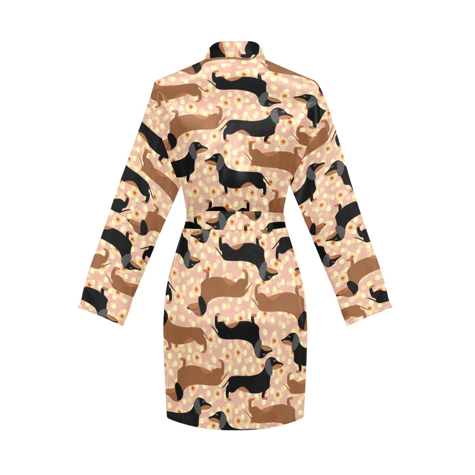Dachshund floral background Women's Long Sleeve Belted Night Robe