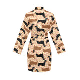 Dachshund floral background Women's Long Sleeve Belted Night Robe
