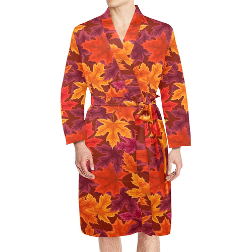 Autumn maple leaf pattern Men's Long Sleeve Belted Night Robe