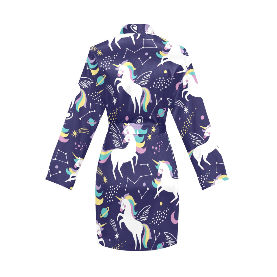 Hand drawn cute unicorn star planet Women's Long Sleeve Belted Night Robe
