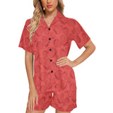 strawberry pattern red background Women's V-Neck Short Pajama Set